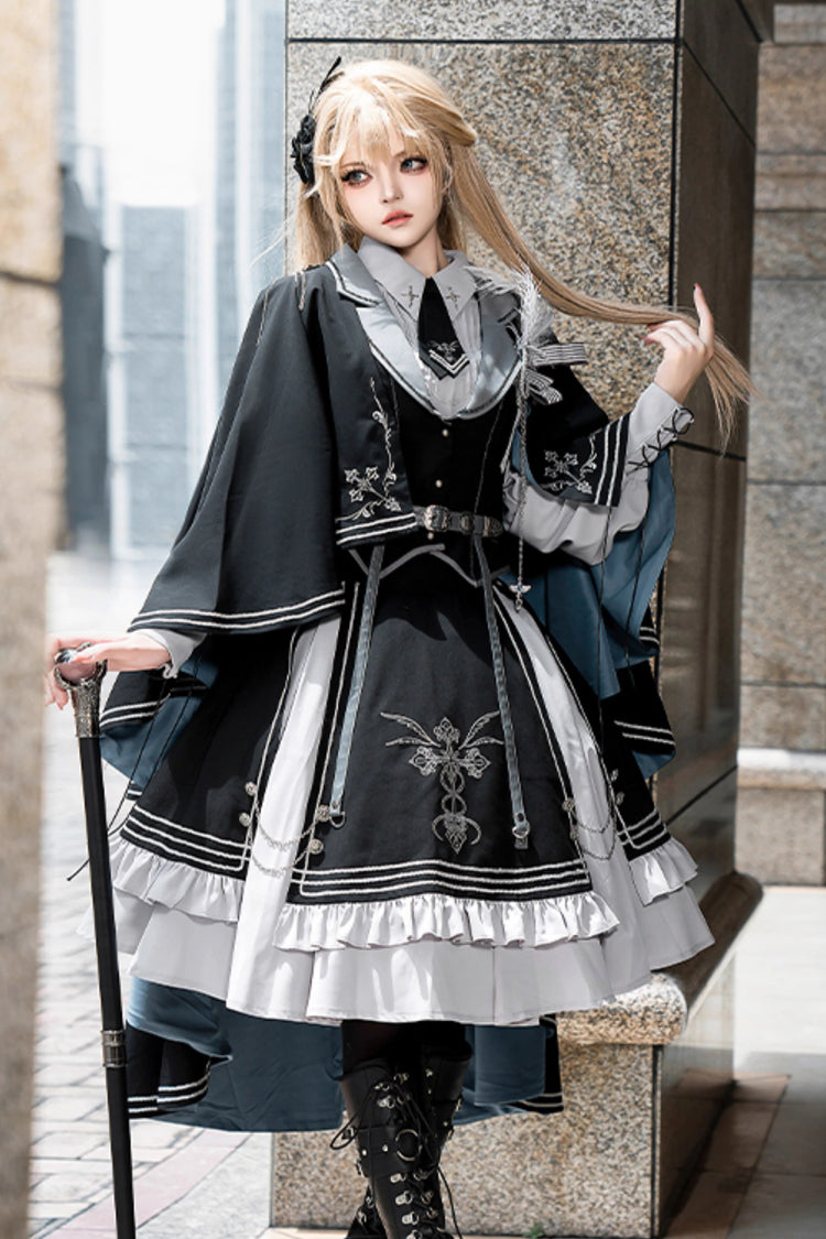 Black Blue Dark Knight Contract Print Ruffle Gothic Military Elegant Skirt