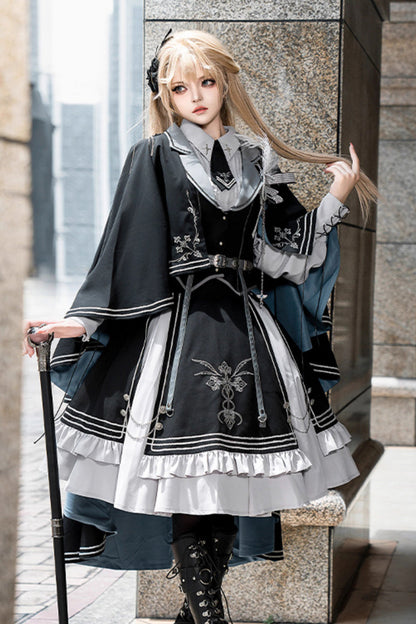 Black Blue Dark Knight Contract Print Ruffle Gothic Military Elegant Skirt