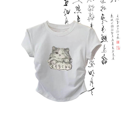 T-Shirt mit Cartoon-Katzen-Print, lockere Hose mit Wash-Painting-Print