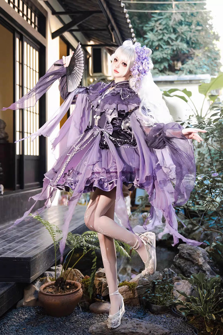 Embroidered Pearl Gothic Jumper Dress Set - Purple
