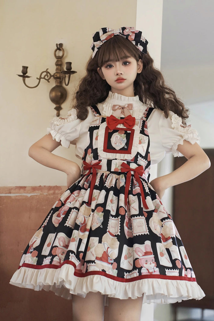 Letter from Showa Rabbit and Letter Print Ruffle Bowknot Sweet Princess Lolita Strap Dress