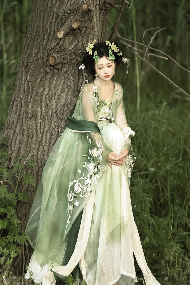 Emerald Qingyao Butterfly Flowers Embroidery Chinese Hanfu Full Set