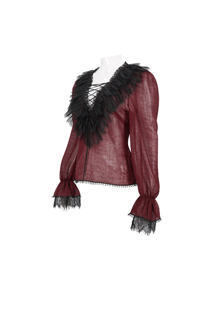 Crimson Slim Waist Tartan Stitched Layered Lace Long Sleeve Goth Shirt