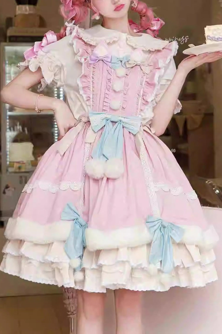 White and Pink Little Fox Multi-Layer Ruffled Bow-Trim Long-Sleeved Sweet Lolita Dress
