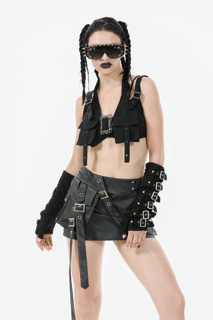 Punk Women's Short Skirt with Faux Leather Straps and Zippered Detail