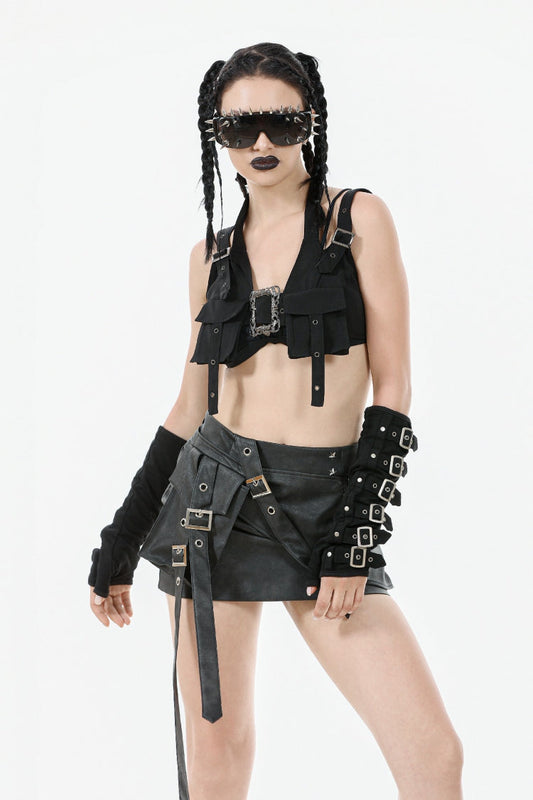 Punk Women's Short Skirt with Faux Leather Straps and Zippered Detail