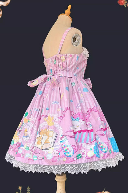 Macaron Dolly House Sleeveless Print Bowknot Lace-Up Sweet Lolita Jsk Dress Colors