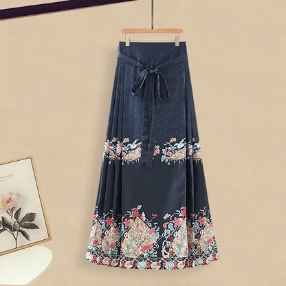 Vintage Print Pleated Shirt Flower Skirt Buckle