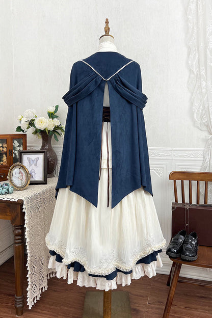 Morning Mist Coast Stand-Collar Long-Sleeved Ruffle Embroidered Vintage Elegant Lolita Skirt Dress Set in Beige
