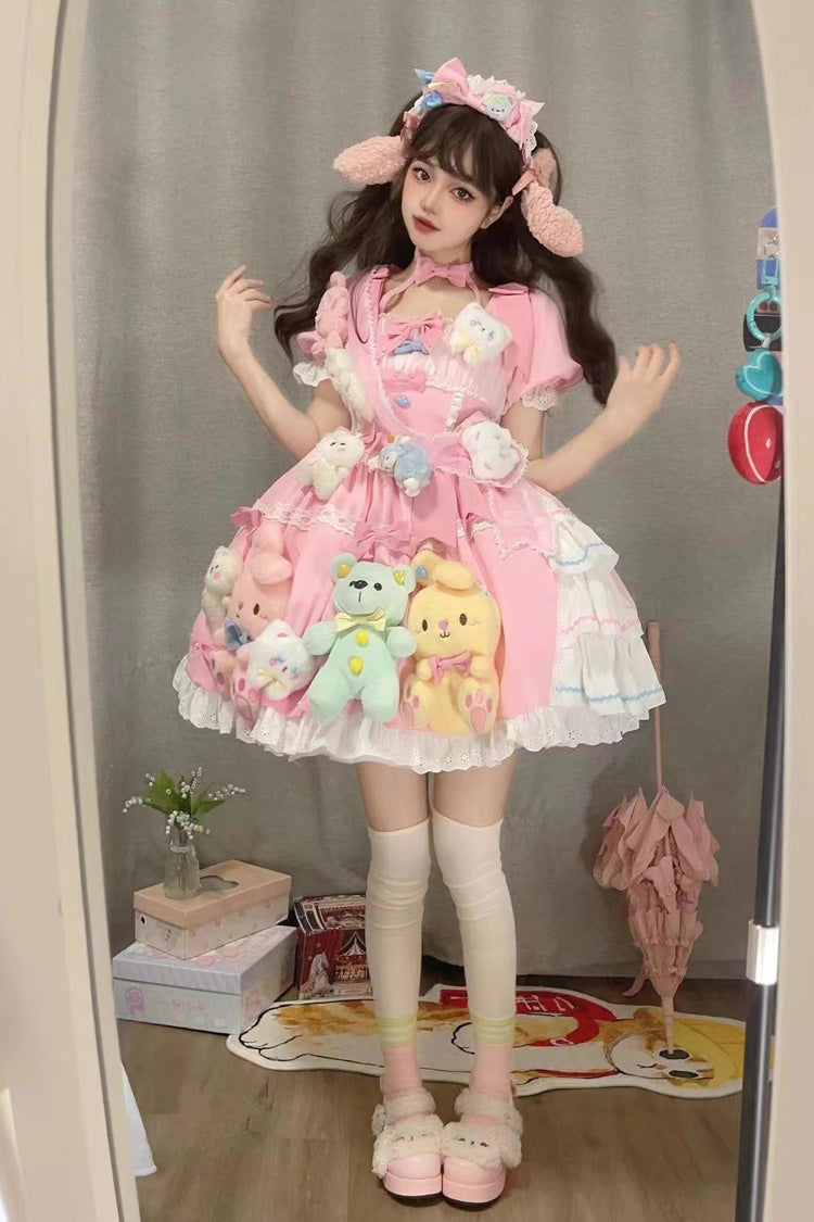 Pink Square-Collar Printed Doll Party Detachable-Sleeved Ruffled Bow-Trim Sweet Princess Lolita Dress