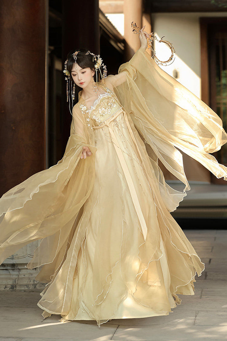 Golden Hime-Sleeve High-Waist Embroidered Classic Hanfu Set