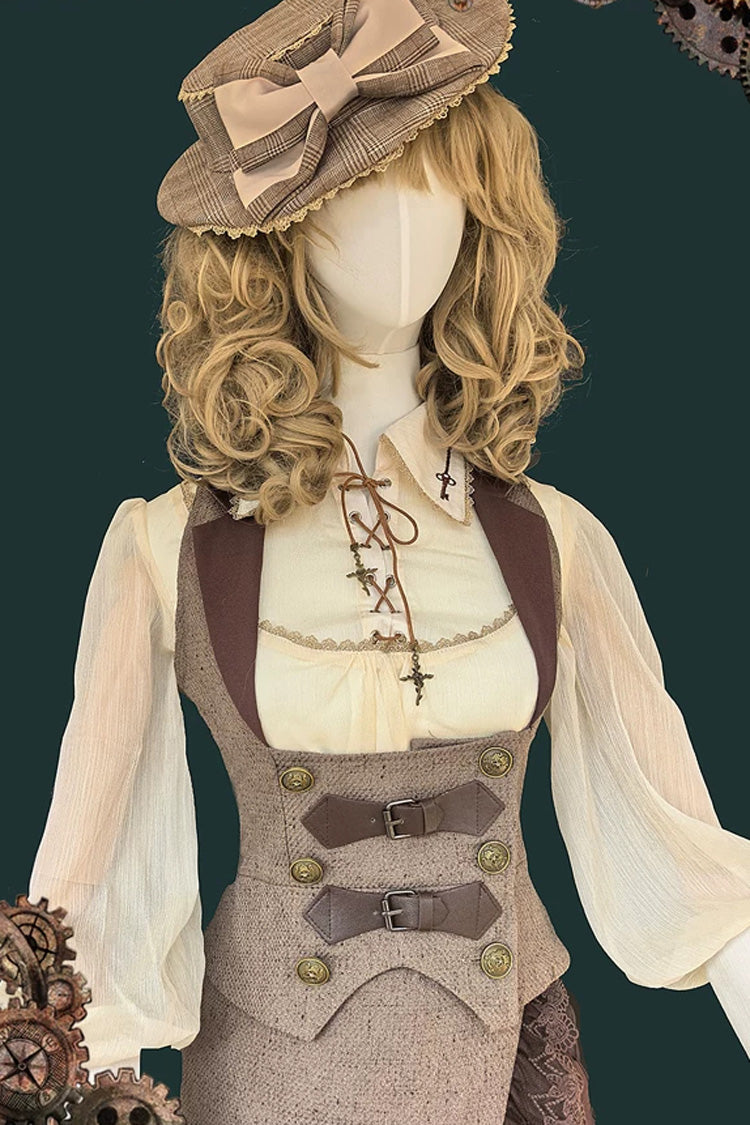 Coffee Brown Traveler Sleeveless Asymmetrical Ruffle Punk Lolita Skirt Set