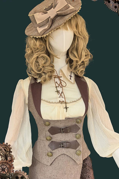 Coffee Brown Traveler Sleeveless Asymmetrical Ruffle Punk Lolita Skirt Set
