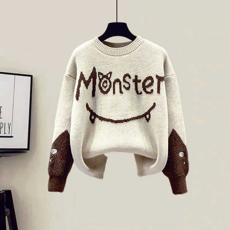 Pullover mit Monster-Buchstaben, Fleeceweste, lässiges Hosen-Set