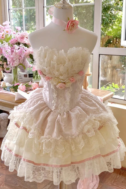 Pink Floral Love Ruffle Bow Lace Elegant Lolita Dress Set