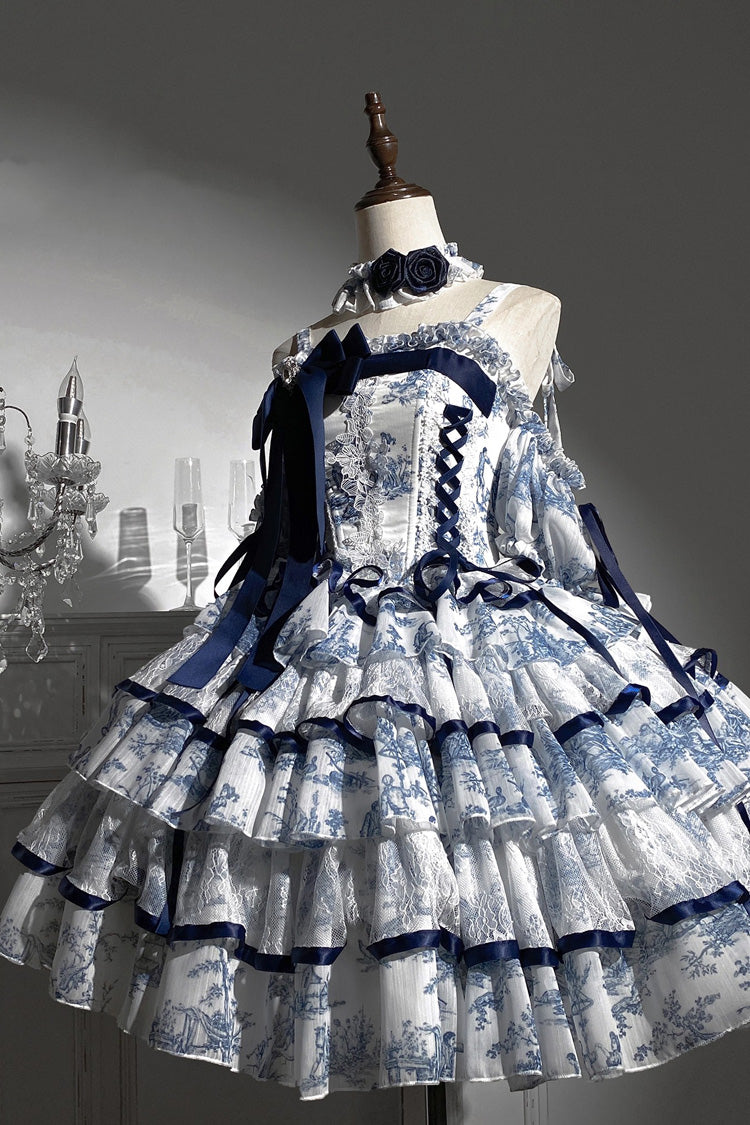 Blue White Sleeveless Multi-Layered Print Bowknot Fishbone Sweet Classic Chinese Style Lolita Jsk Long Dress
