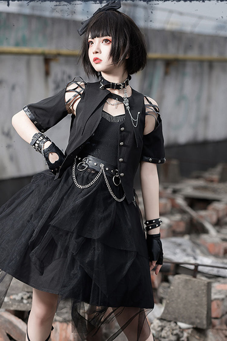 Black Sleeveless Punk JSK Dress with Crow Motif - Gothic Lolita