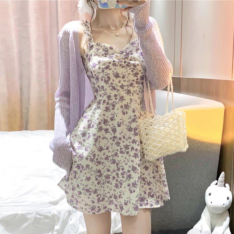 Ensemble robe nuisette à imprimé floral et cardigan doux