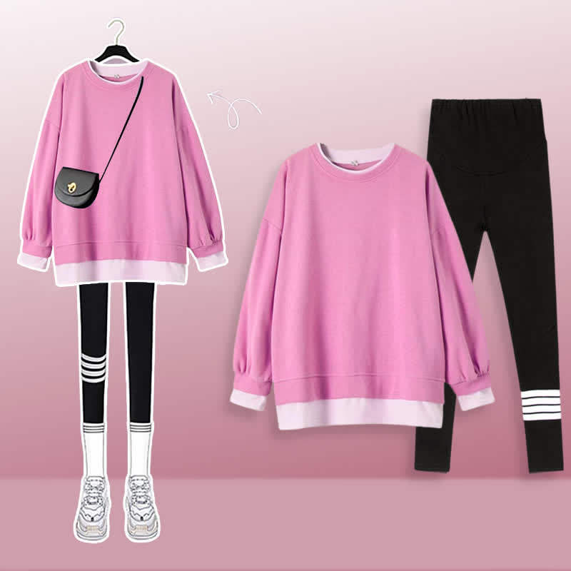 Lässiges Sweatshirt mit rundem Kragen, lässiges Leggings-Set