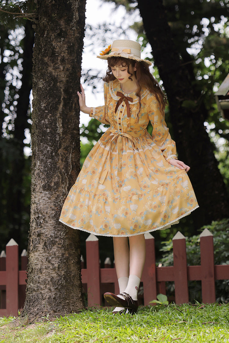 Golden Long-Sleeve Ruffled Bow Sunflower Elegant Dress