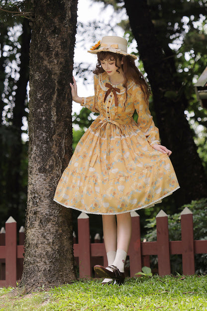 Golden Long-Sleeve Ruffled Bow Sunflower Elegant Dress