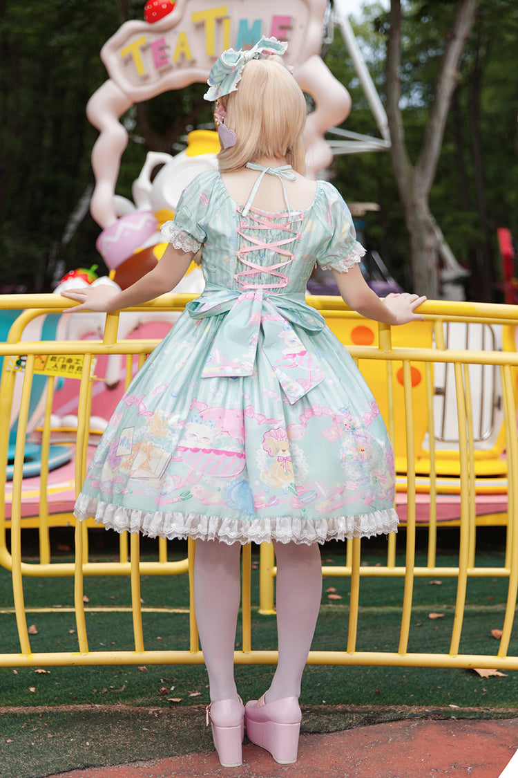 Macaron Dolly House Doll Collar Short Sleeves Print Bowknot Sweet Lolita Dress Colors