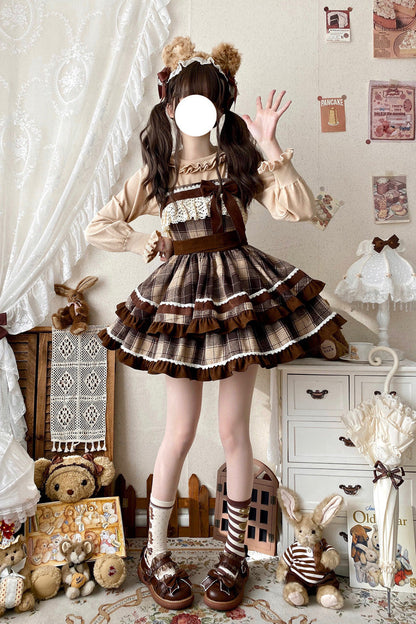 Brown Sleeveless Sweet Lolita Plaid Print Ruffle Bowknot JSK Dress