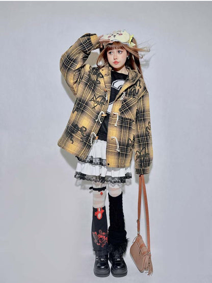 Yellow Brown Plaid  Bow Hooded Coat