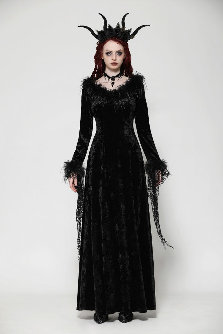 Long Sleeve Velvet Lace Gothic Maxi Wedding Dress