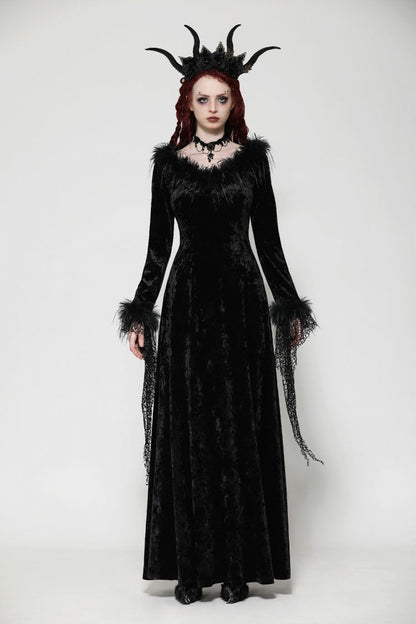 Long Sleeve Velvet Lace Gothic Maxi Wedding Dress