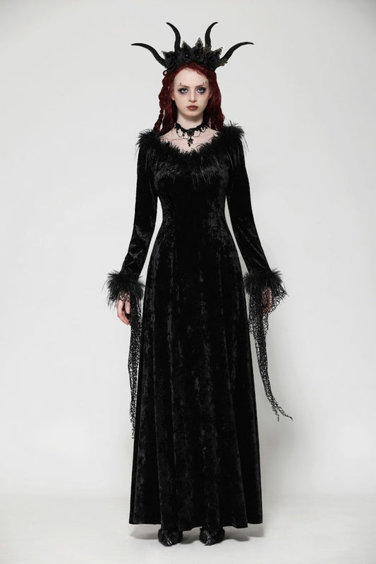 Long Sleeve Velvet Lace Gothic Maxi Wedding Dress
