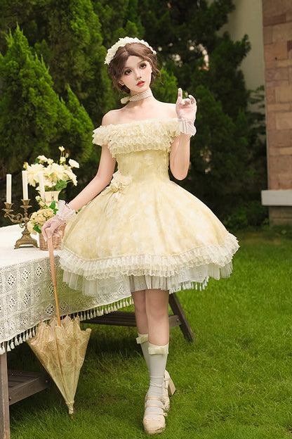 Golden Square-Collar Flutter-Sleeve Ruffled Lace Short Dress
