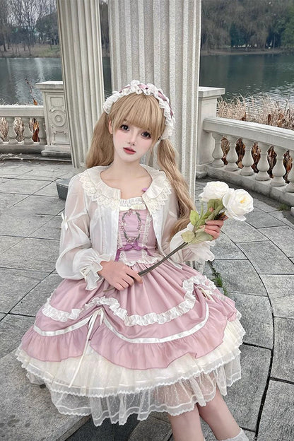 Pink Floating Light Dance Multi-layer Ruffle Embroidery Bowknot Lace Sweet Lolita Jsk Dress