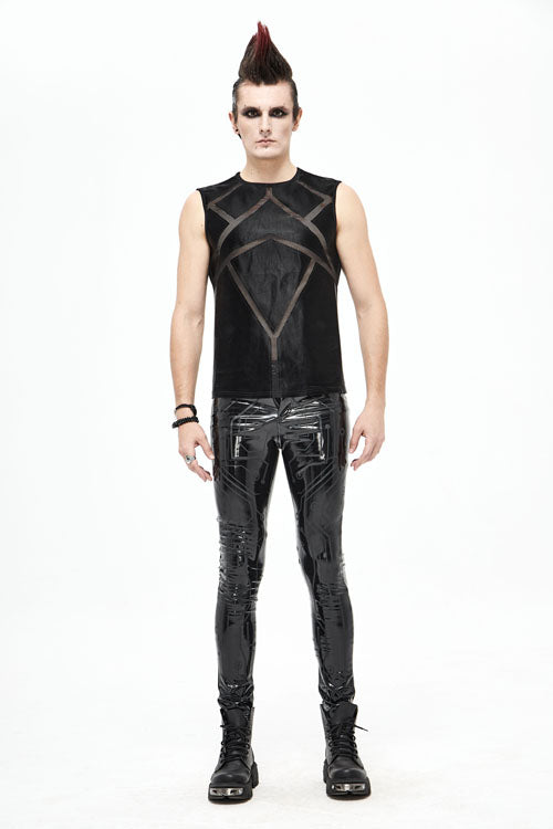 Mens Stretchy Leather Pants with Circuit Print