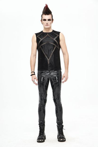 Mens Stretchy Leather Pants with Circuit Print