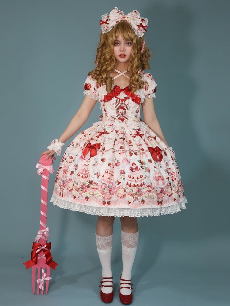 Strawberry Cake Print White Sweet Bow Accents Lolita Dress / Full Set