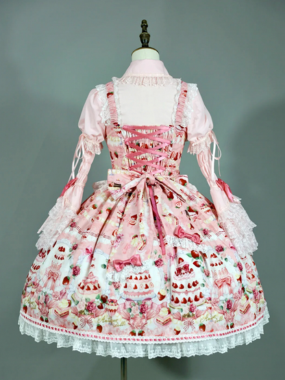 Strawberry and Desserts Print Pink Sweet Bow Accents Lolita JSK / Full Set