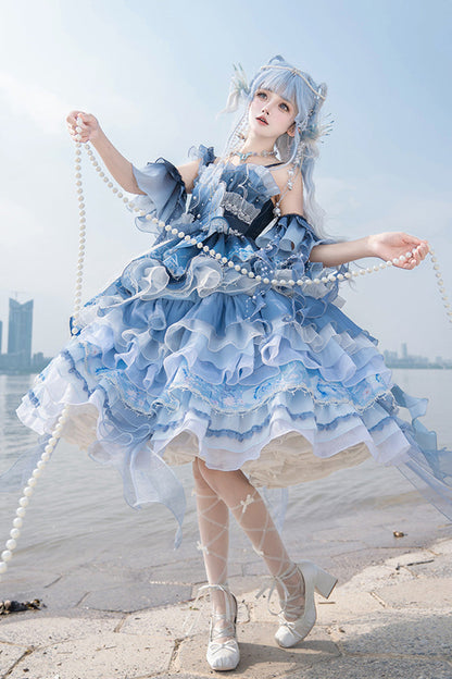 Gradient Printed Ruffled Embroidered Bow Lace Asymmetric Sweet Elegant Lolita JSK