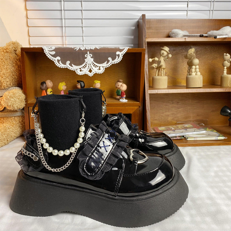 Chaussures Mary Jane Lolita noires à plateforme et dentelle