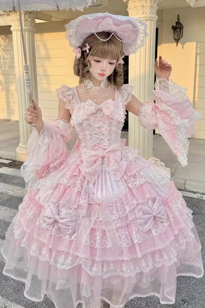 Rose Spring Prelude Sleeveless Tiered Ruffle Bow Lace Princess Sweet JSK Dress