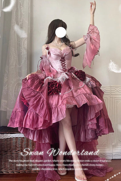 Plum Red Embroidery Lace-Up High-Low Sweet JSK Dress