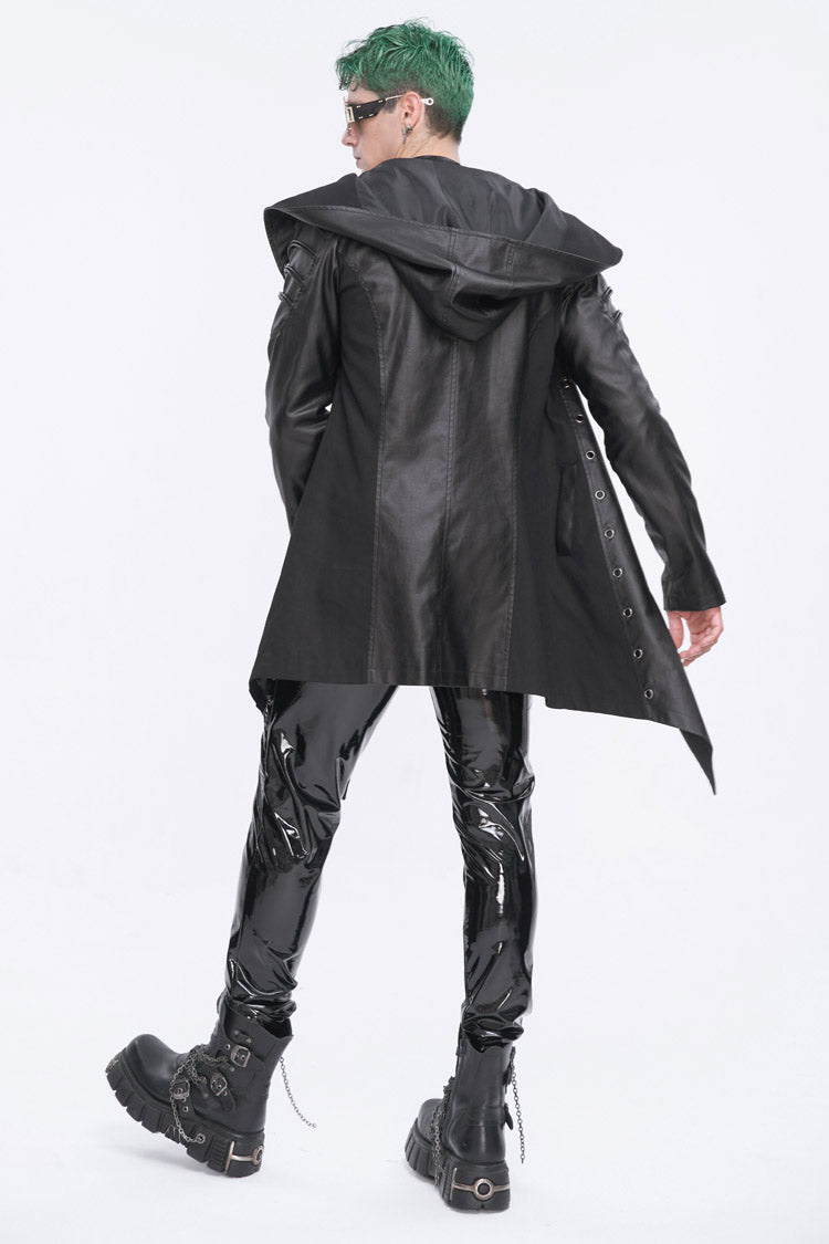 Eyelet Black Asymmetric Gothic Jacket with Hood for Men