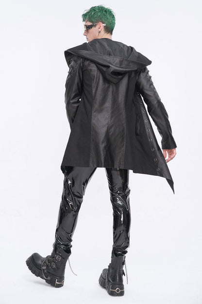 Eyelet Black Asymmetric Gothic Jacket with Hood for Men