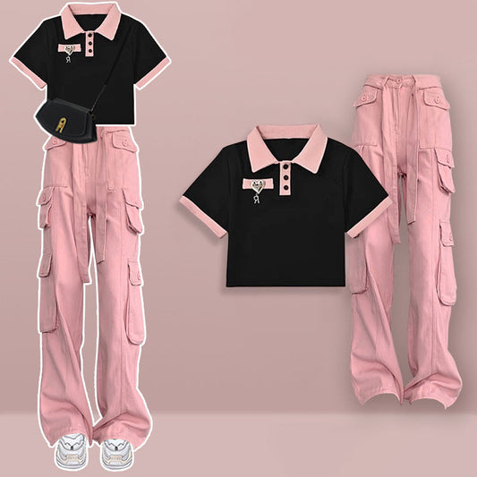 T-shirt court vintage Love Heart avec pantalon cargo rose