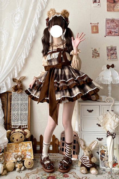 Brown Sleeveless Sweet Lolita Plaid Print Ruffle Bowknot JSK Dress