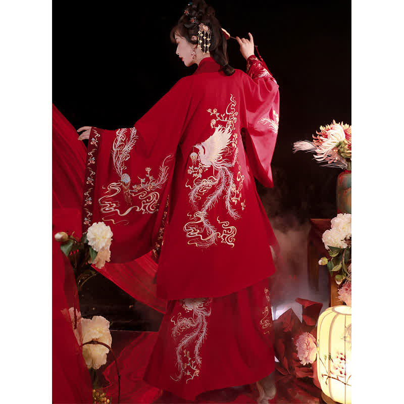 Ensemble Hanfu avec débardeur et jupe à manches longues et broderie de phénix rouge