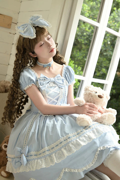 Square-Neck Cotton Dress with Double Ruffle Lace and Lacing