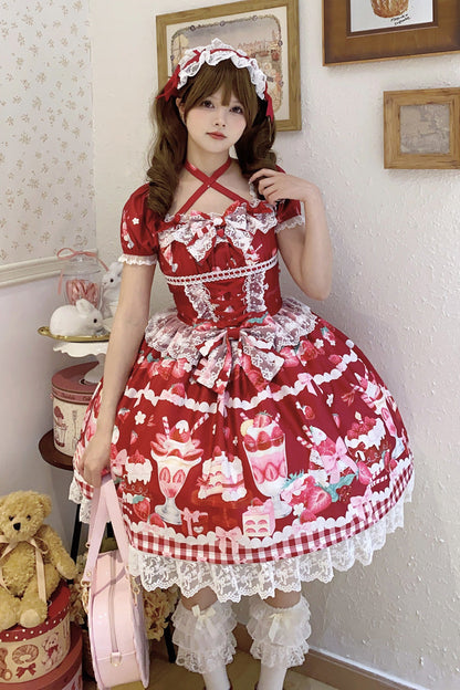 Red Strawberry Parfait Print Short Sleeve Ruffle Bow Lace Lace-Up Sweet Lolita Dress