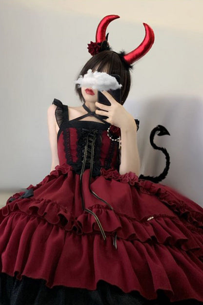 Red Gothic Lolita Double-Layered Ruffle Stitching Lace JSK Dress