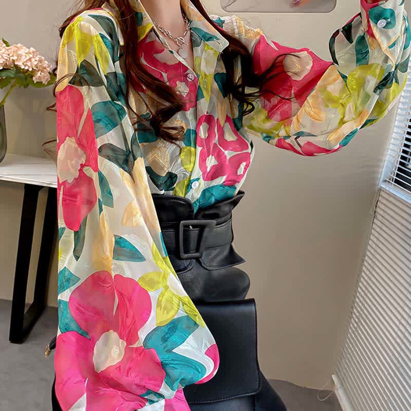 Color Floral Print Puff Sleeve Lapel Shirt Workwear